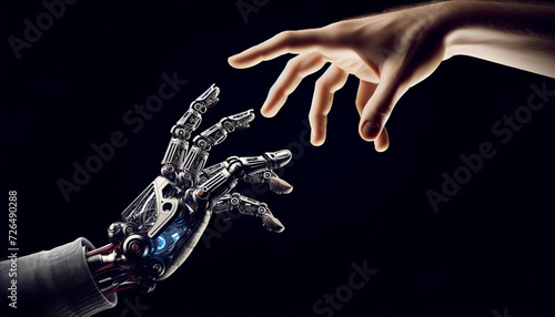 a robotic hand reaching out to a human hand, with their fingertips touching © Riz