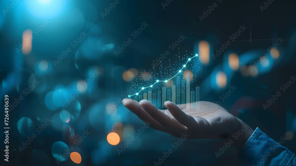 hand holding digital histogram show financial and business growth