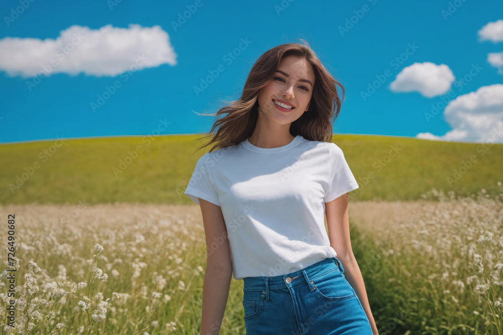 Young brunette woman 20 years old in jeans and a white T-shirt in a field with green grass under a blue sky with fluffy clouds. Generative Ai Young brunette woman 20 years old in jeans and a white T-shirt in a field with green grass under a blue sky with fluffy clouds. Generative Ai