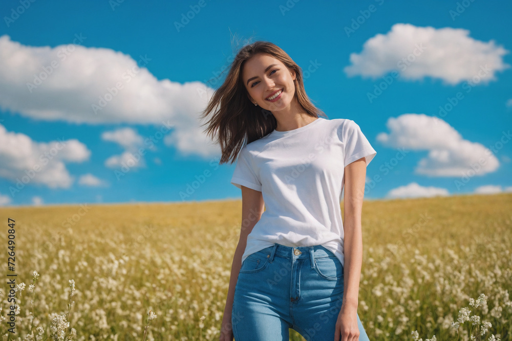 Young brunette woman 20 years old in jeans and a white T-shirt in a field with green grass under a blue sky with fluffy clouds. Generative Ai