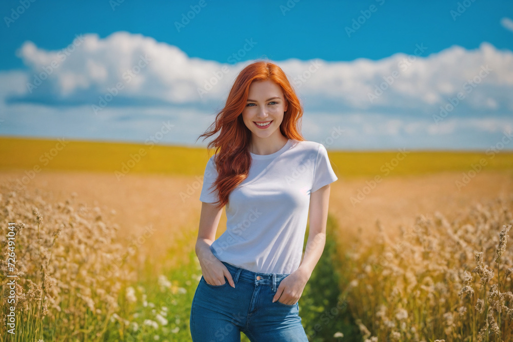 Young red-haired woman 20 years old in jeans and a white T-shirt in a field with green grass under a blue sky with fluffy clouds. Generative Ai Young red-haired woman 20 years old in jeans and a white T-shirt in a field with green grass under a blue sky with fluffy clouds. Generative Ai