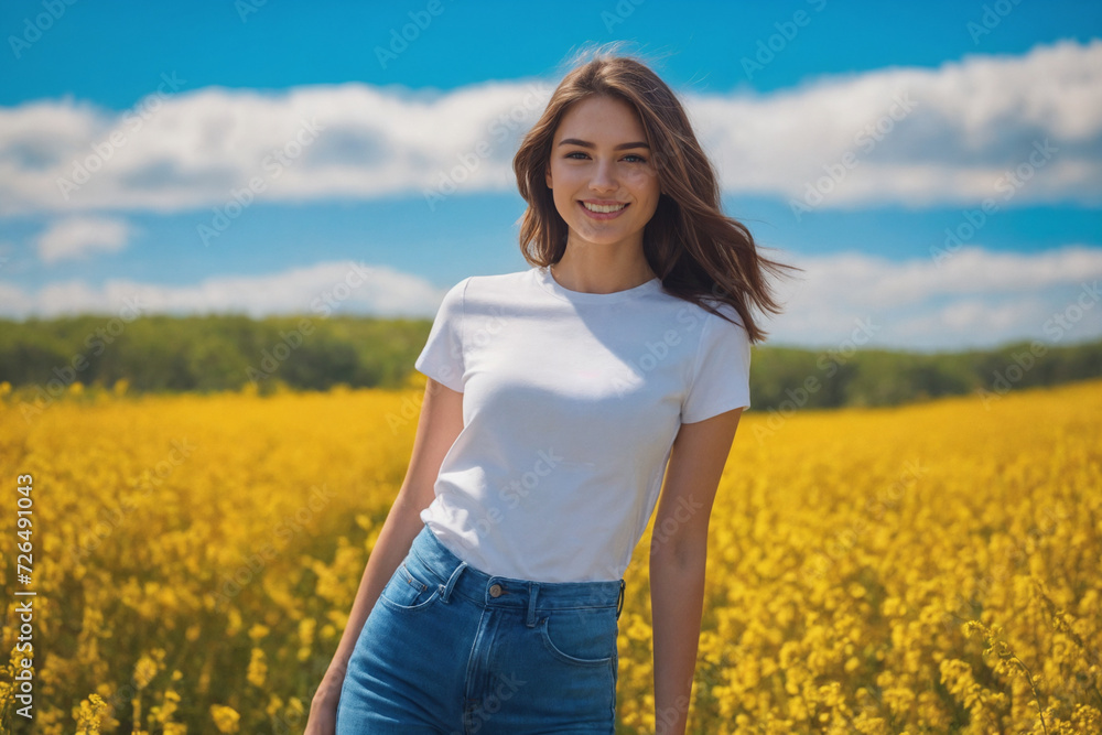 Young brunette woman 20 years old in jeans and a white T-shirt in a field with green grass under a blue sky with fluffy clouds. Generative Ai Young brunette woman 20 years old in jeans and a white T-shirt in a field with green grass under a blue sky with fluffy clouds. Generative Ai