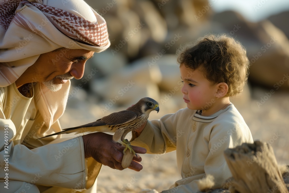 bedouin elder teaching young child falconry