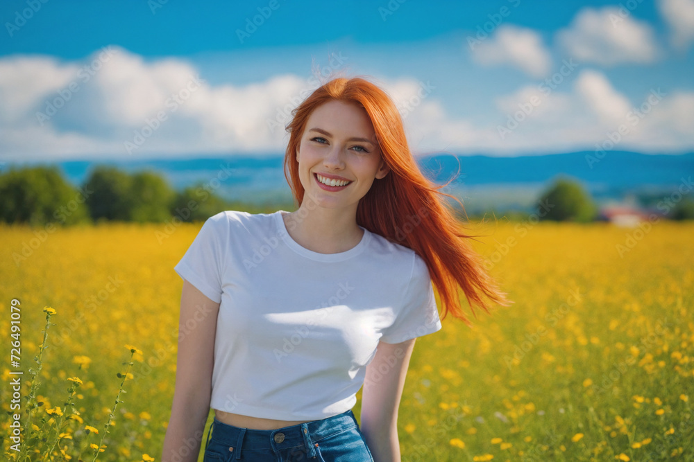 Young red-haired woman 20 years old in jeans and a white T-shirt in a field with green grass under a blue sky with fluffy clouds. Generative Ai Young red-haired woman 20 years old in jeans and a white T-shirt in a field with green grass under a blue sky with fluffy clouds. Generative Ai