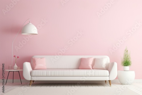 Cozy living room in a minimalist Scandinavian style with a sofa  pillows and a chair nearby and with pink walls.