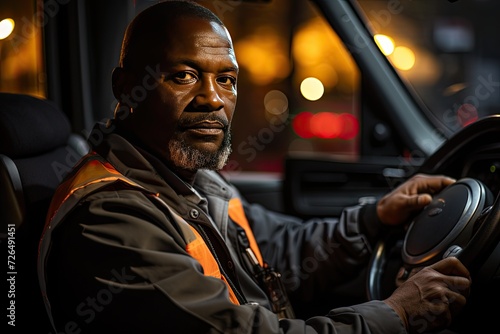 Dark-skinned driver behind the wheel. Close-up of a bus driver hand on the wheel, steering through city streets