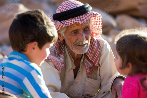 elderly bedouin man sharing stories with children photo