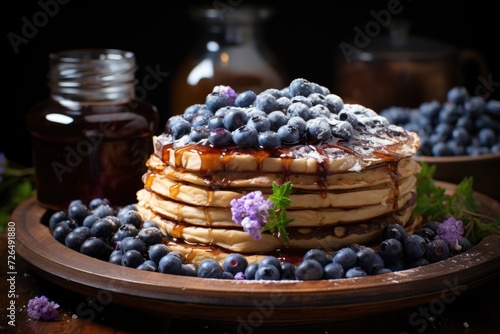 Sweet Blueberry Pancakes served in rustic wood plate generated by AI  generative IA