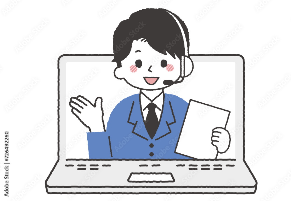 パソコンでオペレーターをしている人物イラスト。コールセンターで電話対応している男性 パソコンでオペレーターをしている人物イラスト。コールセンターで電話対応している男性