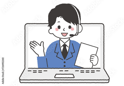 パソコンでオペレーターをしている人物イラスト。コールセンターで電話対応している男性