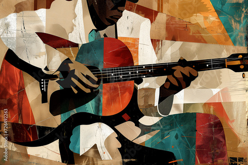 Afro-American male musician guitarist playing a guitar in an abstract cubist style painting for a poster or flyer, stock illustration image photo
