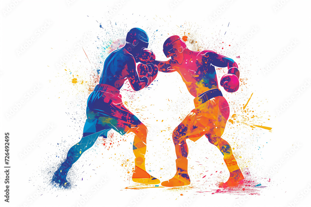 Abstract illustration of a male boxers wearing boxing gloves exercising their punching technique for a championship match in a canvas ring, stock illustration image Abstract illustration of a male boxers wearing boxing gloves exercising their punching technique for a championship match in a canvas ring, stock illustration image