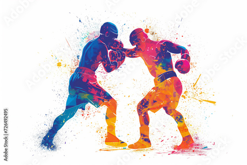 Abstract illustration of a male boxers wearing boxing gloves exercising their punching technique for a championship match in a canvas ring, stock illustration image © Tony Baggett