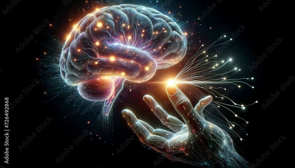 Concept of artificial intelligence and human interaction. Human hand reaching out to digitally illustrated brain Concept of artificial intelligence and human interaction. Human hand reaching out to digitally illustrated brain
