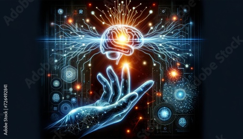 Concept of artificial intelligence and human interaction. Human hand reaching out to digitally illustrated brain