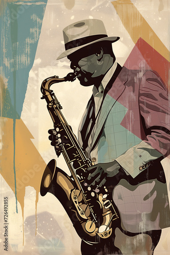 Afro-American male jazz musician saxophonist playing a saxophone in an abstract cubist style painting for a poster or flyer, stock illustration image photo