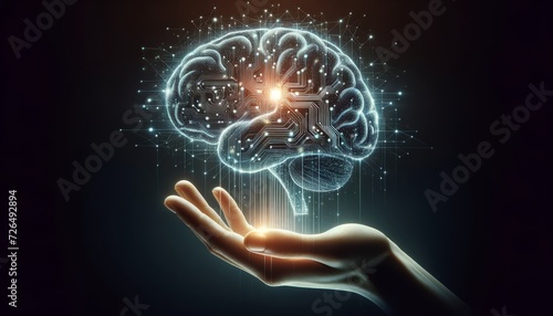 Concept of artificial intelligence and human interaction. Human hand reaching out to digitally illustrated brain