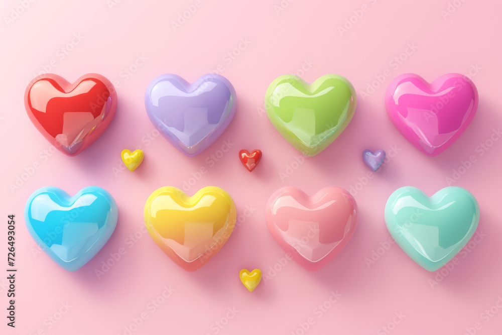 3d cartoon colorful heart shape toy collection, isolated on light pink background. 