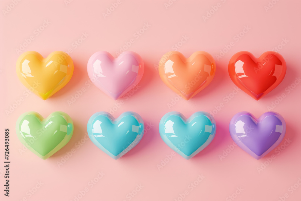 3d cartoon colorful heart shape toy collection, isolated on light pink background. 