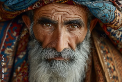 Iranian old man in national clothes portrait close up from history of Iran realistic detailed photography texture. Iranian old man. Horizontal format