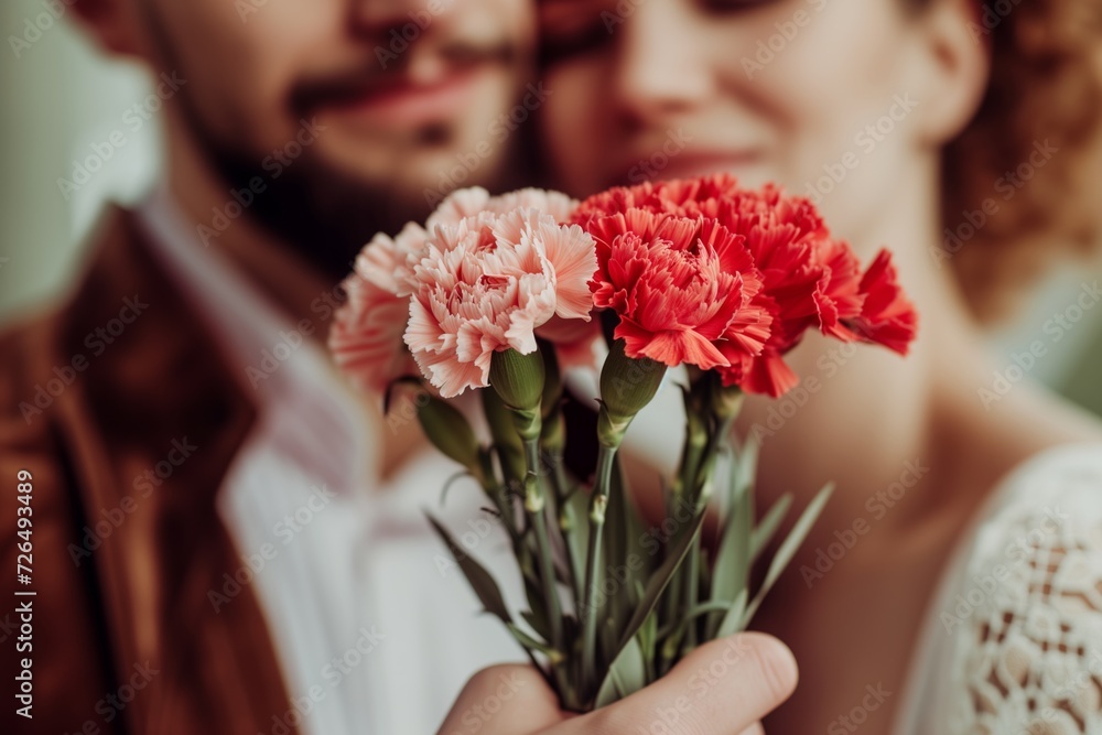 partially visible faces of a couple, focus on a bouquet of carnations in hand