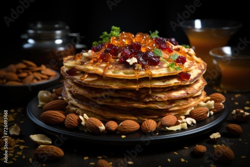 Delicious upper view pancakes with nuts vegetable pasta and dark background spices, generative IA