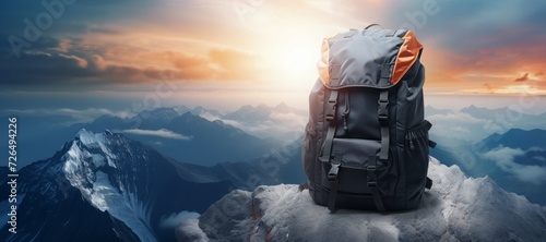 Close up tourist backpack on the rocks against the backdrop of mountains and river. Wellbeing lifestyle, travel and tourism concept with copyspace for text © Sunny