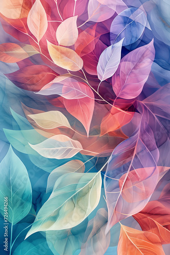 Watercolor illustration with colorful and transparent leaves.