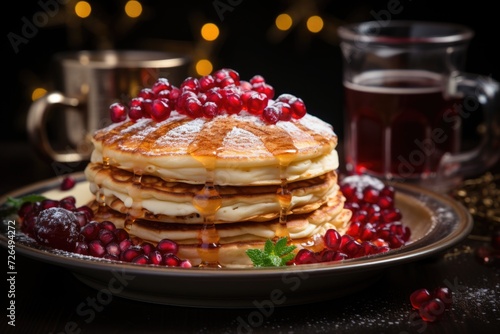 Lateral Close-Up view pancakes Dark pancakes with pomegranate a cup of tea with po, generative IA