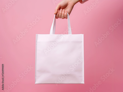Hand Holding Blank White Tote Bag Against Pink Background - Generative AI