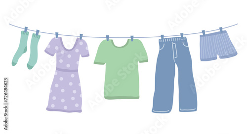 Clothes hanging on clothesline in outdoor. Drying clothes. Vector flat illustration.