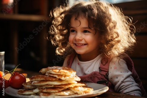 Side view, a girl eats pancakes rolled with meat sprinkled with sumgress on a plat, generative IA