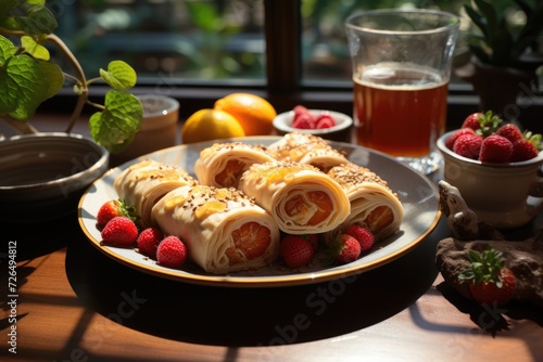 Superior view of tasty pancake rolls with cup of tea and fruits in white, generative IA