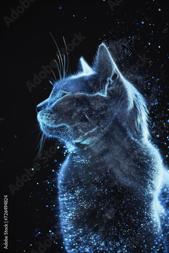 Detailed image of a blue cat made of luminous particles.