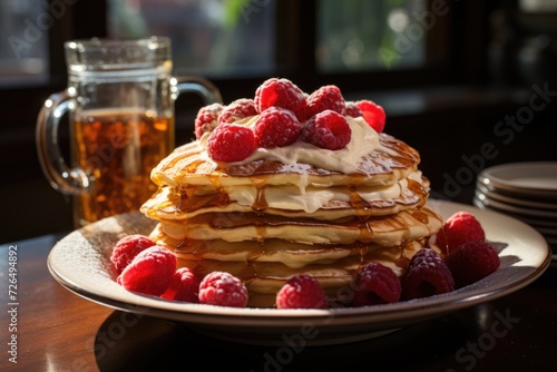 Higher view delicious pancakes with raspberries inside the plate on a light backgr  generative IA