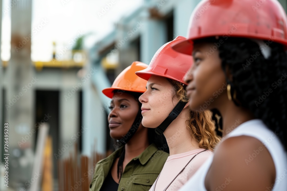 mixedrace women with hard hats at a construction site mixedrace women with hard hats at a construction site