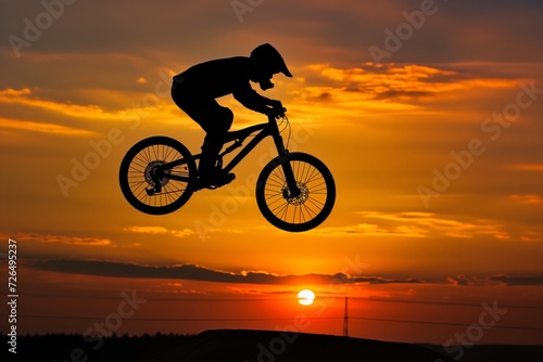 sunset silhouette of biker in midair jump