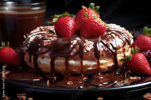 Sweet donut with chocolate topping and strawberry syrup generated by ia, generative IA