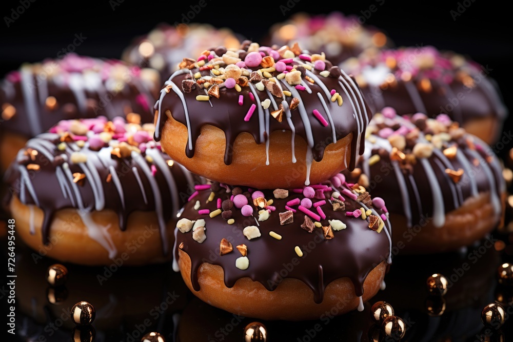 Delicious donuts covered with chocolate icing with the ingredients on a table, generative IA