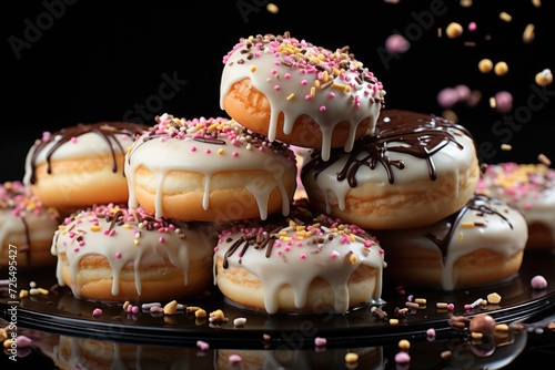 Concept of flying donuts. Donuts with white chocolate topping and chocolate, generative IA