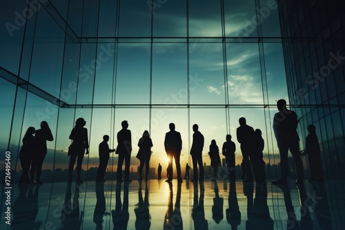 A group of people standing in front of a glass wall. Suitable for business, teamwork, communication, and modern office concepts