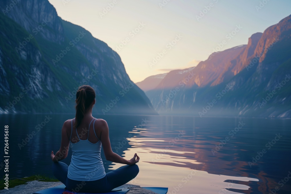 woman practicing yoga on a serene fjord shoreline at dawn