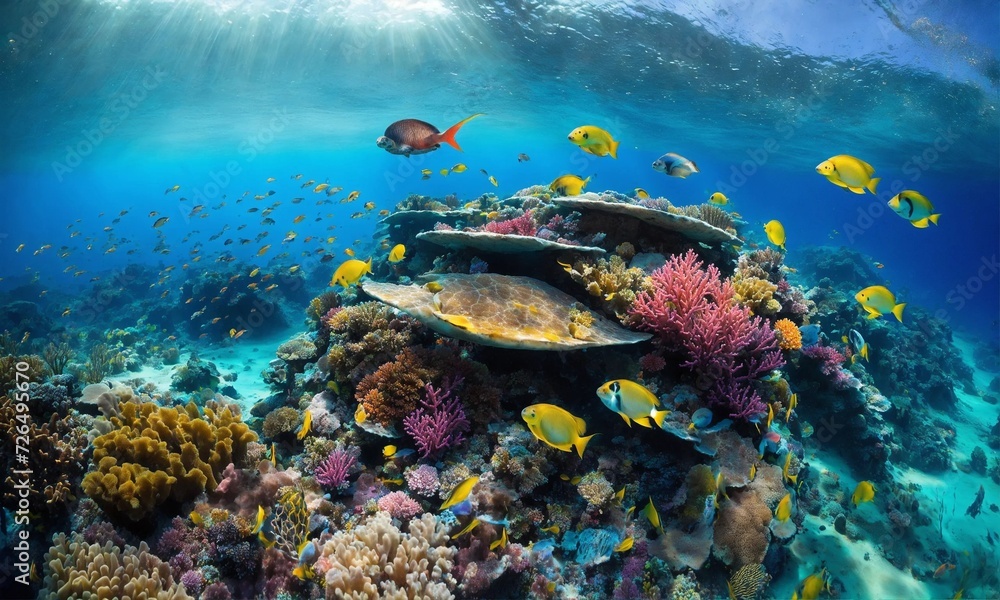 Naklejka premium Tropical sea underwater fishes on coral reef