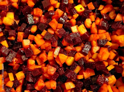 Beetroot salad close up. Textured. Natural food concept. The texture of sliced boiled vegetables. finely chopped boiled vegetables. beet salad vinaigrette. Food background