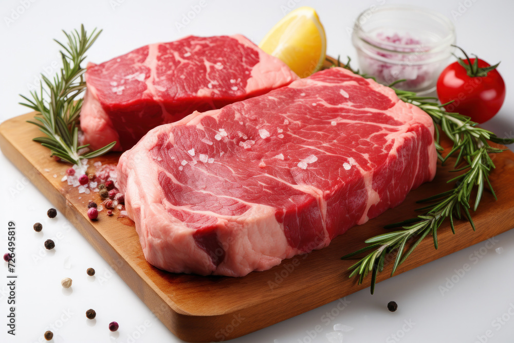 Piece of fresh appetizing beef with spices and rosemary on a white background