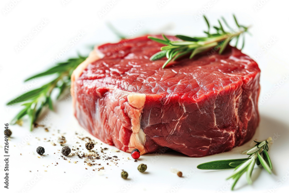 Piece of fresh appetizing beef with spices and rosemary on a white background