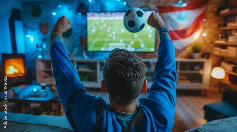 Group of friends cheering on a football match in the living room are celebrating their team's goal. Group of friends cheering on a football match in the living room are celebrating their team's goal.