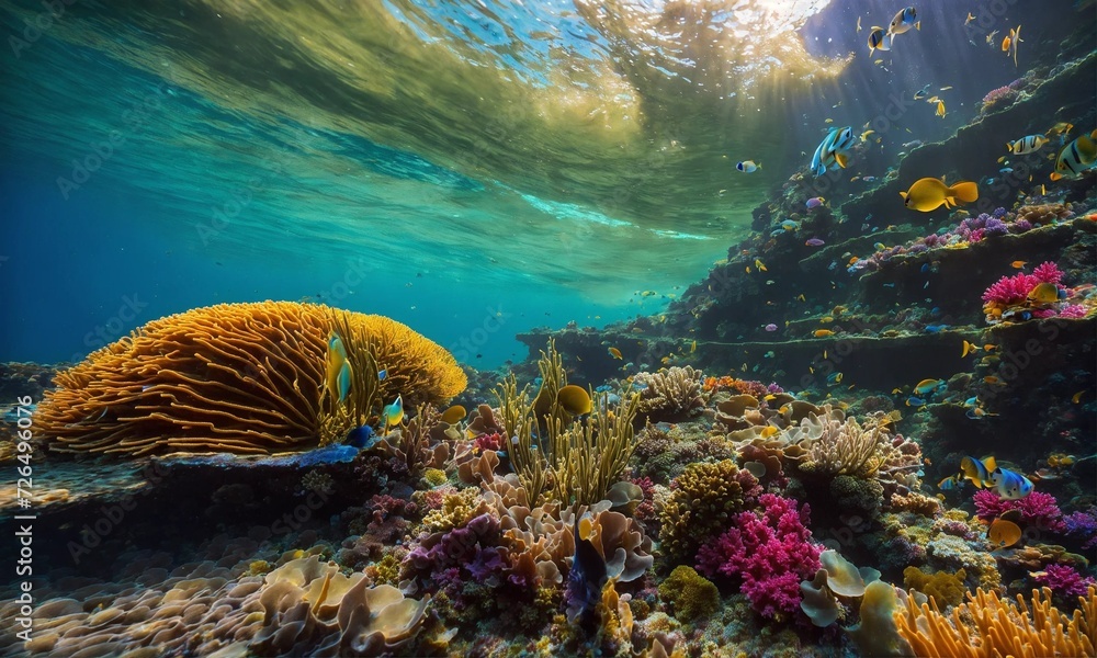 Fototapeta premium Tropical sea underwater fishes on coral reef