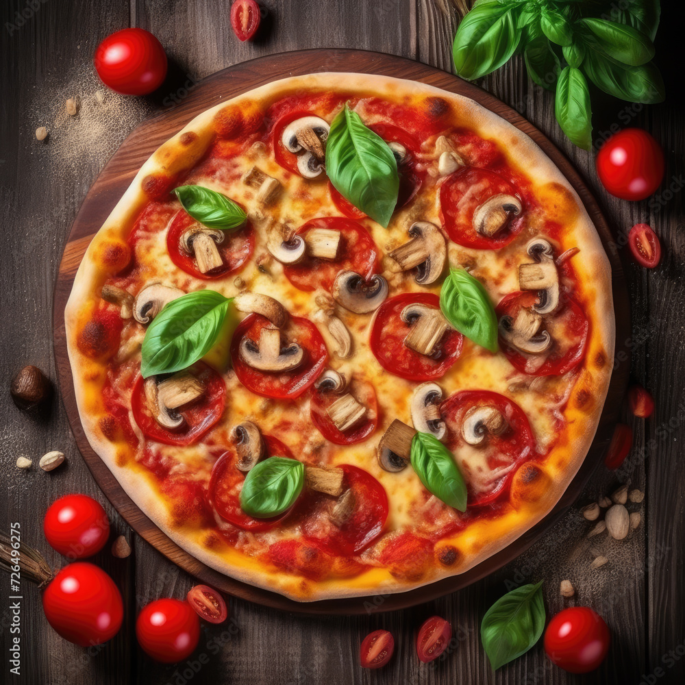 Delicious Pizza with Fresh Toppings on a Rustic Wooden Table - Generative AI Delicious Pizza with Fresh Toppings on a Rustic Wooden Table - Generative AI