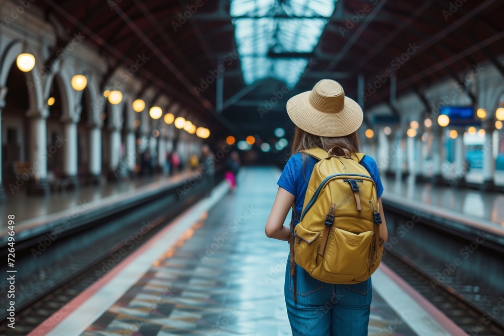 girl with backpack at train station girl with backpack at train station